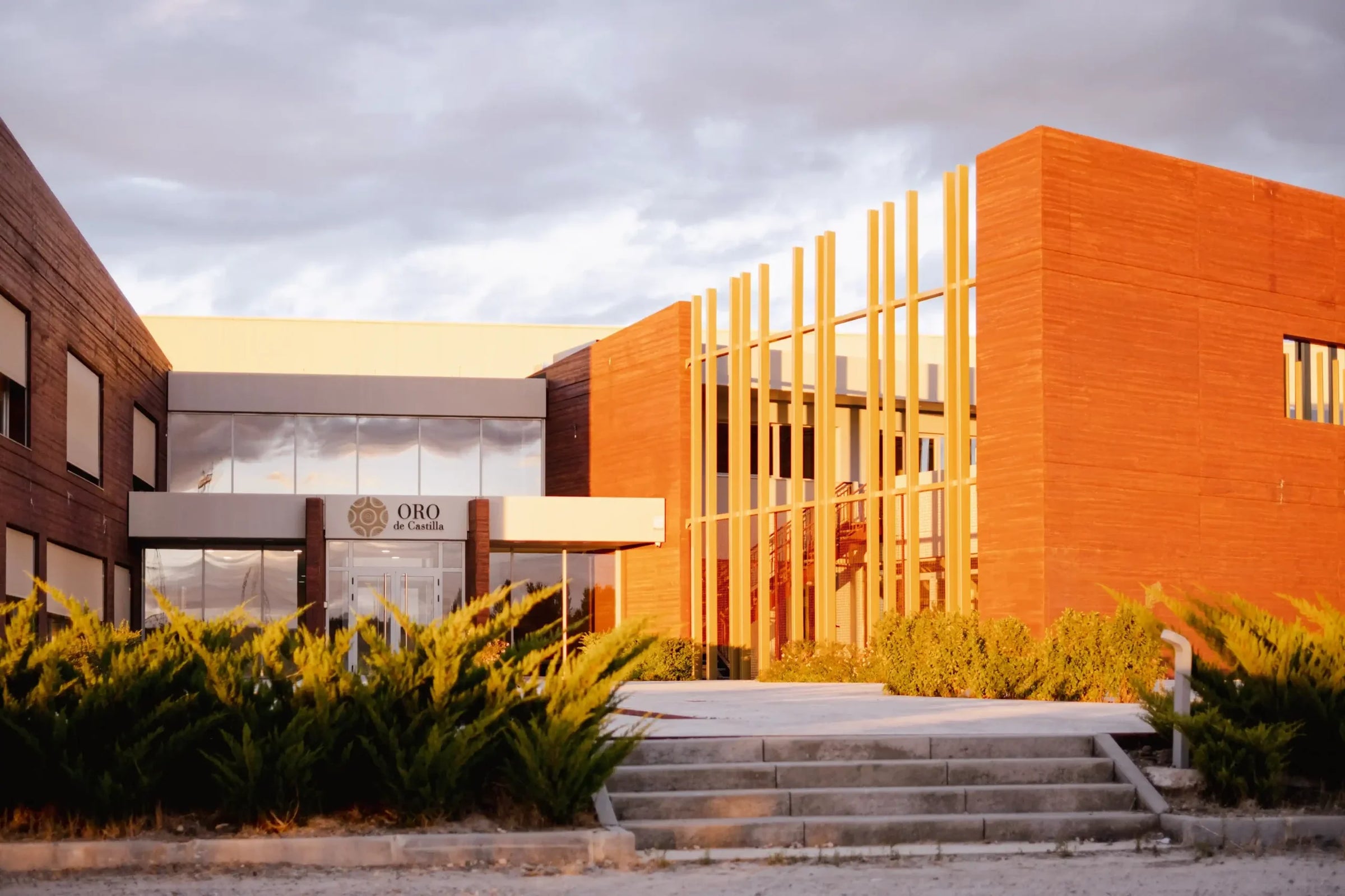 The modern winery building of Oro de Castilla in Spain.