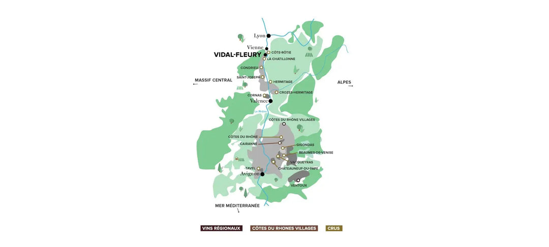 Coloured map of the Rhône Valley wine regions.