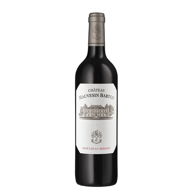 Wine bottle with 'Chateau Mauvesin Barton' label on a white background