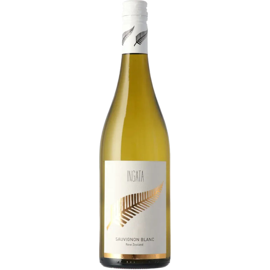 Bottle of Ingata Sauvignon Blanc wine with a white label on a white background