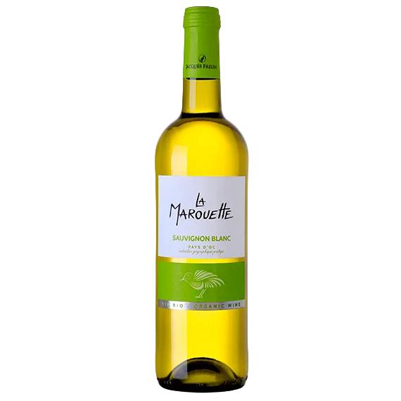 Bottle of La Marouette Sauvignon Blanc wine with a green cap and label.
