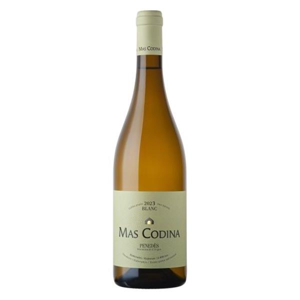 A bottle of Mas Codina Penedès Blanc white wine, featuring a pale yellow-amber glass bottle with a cream-colored label and a light beige foil capsule at the neck.