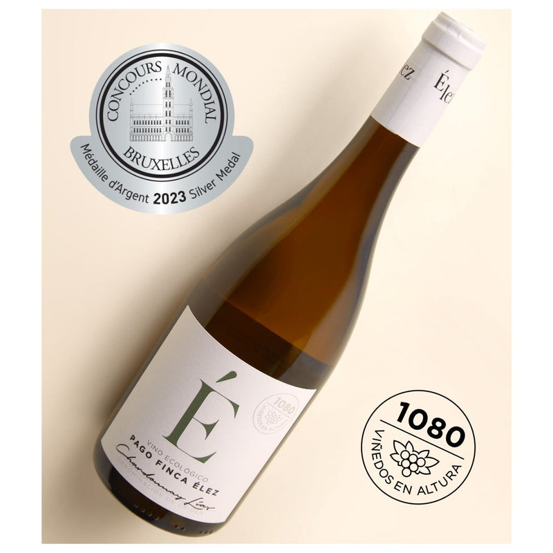 Bottle of Chardonnay wine from Pago Finca Elez showing silver medal from 2023 Concours Mondial in Brussels