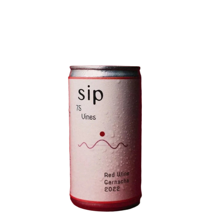 A single can of sip 75 Vines Red Wine Garnacha 2022 canned wine, featuring a white label with red and black text and graphics, set against a white background.