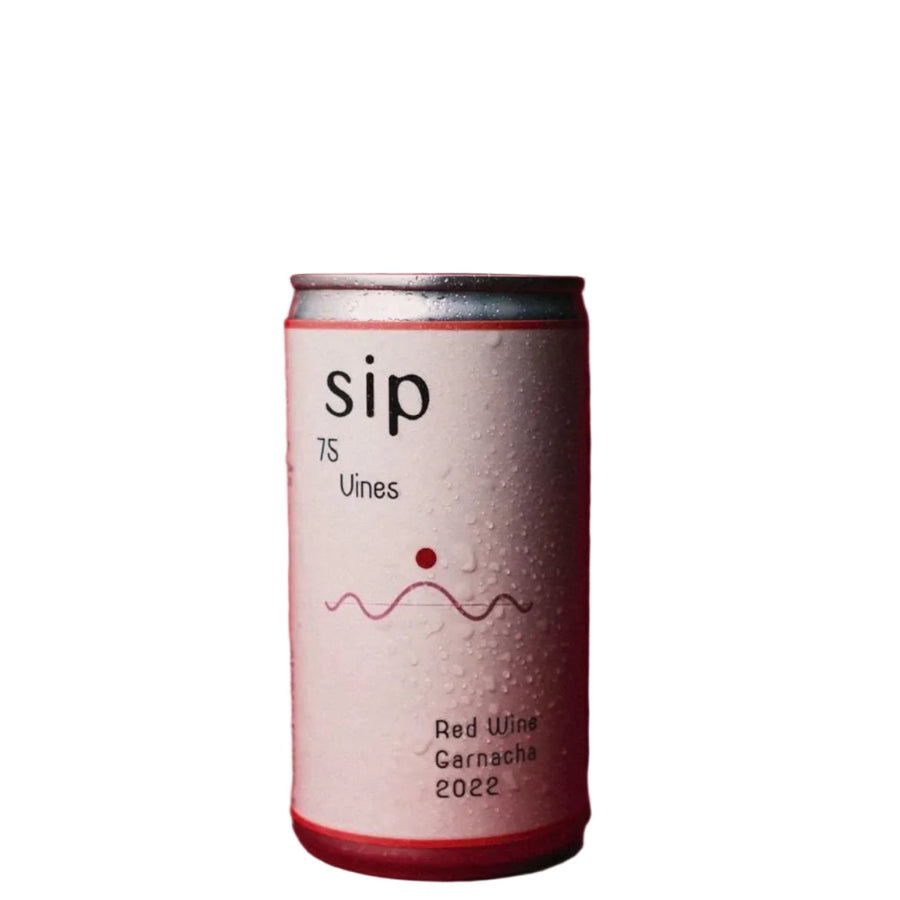 A single can of sip 75 Vines Red Wine Garnacha 2022 canned wine, featuring a white label with red and black text and graphics, set against a white background.