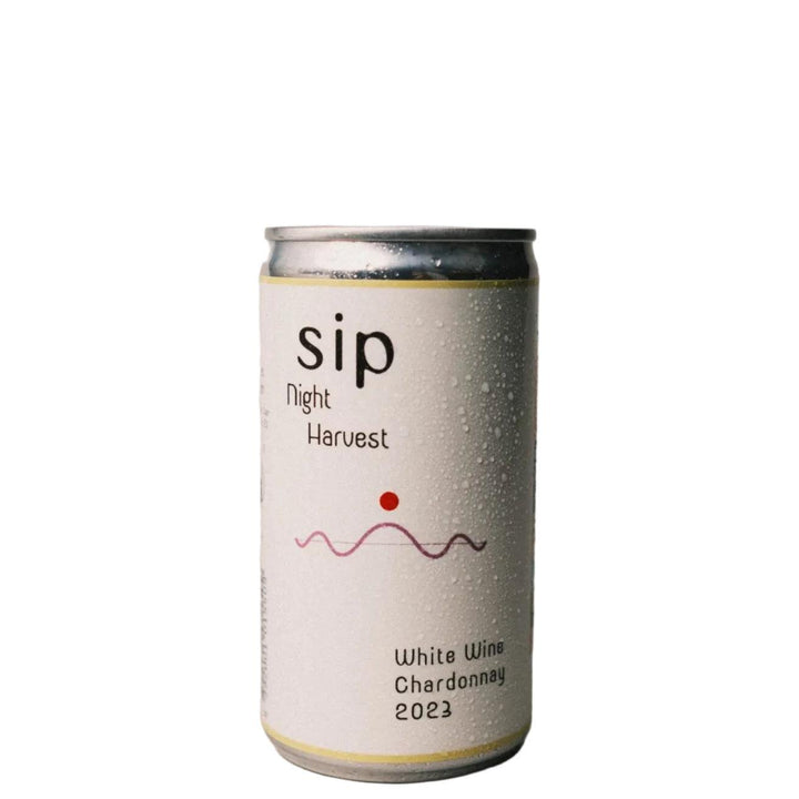 A single can of sip Night Harvest White Wine Chardonnay 2023, featuring a textured white label with black text and a small red graphic, set against a white background.